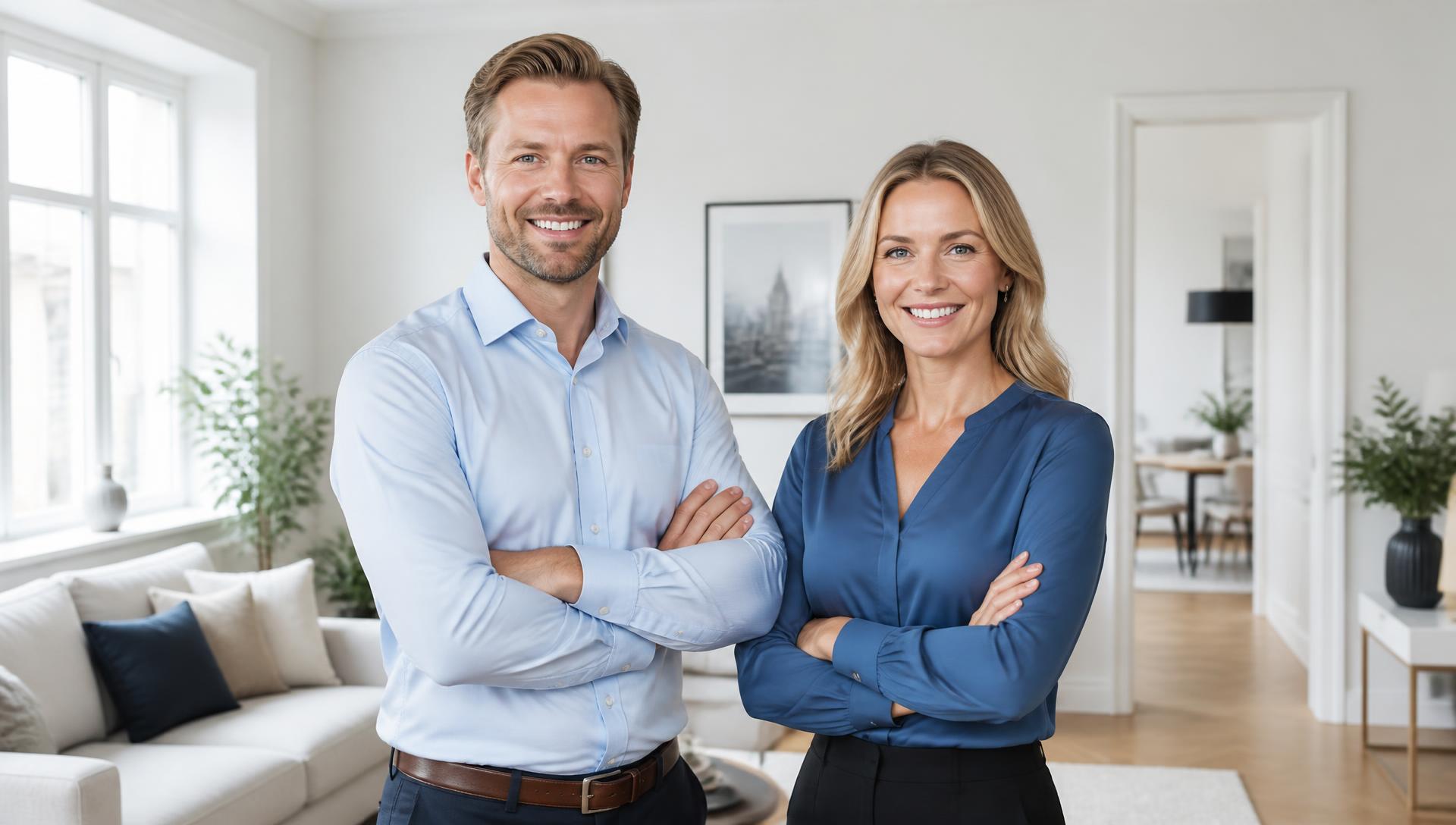 Två mäklare från Mäkla Hus i ett ljust vardagsrum